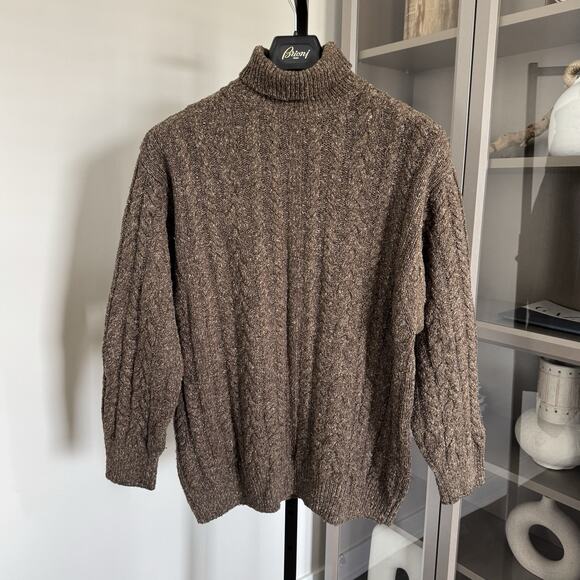 Hugo BOSS Brown Marled Wool Silk Cable Knit Turtleneck Pullover LS Sweater 52
